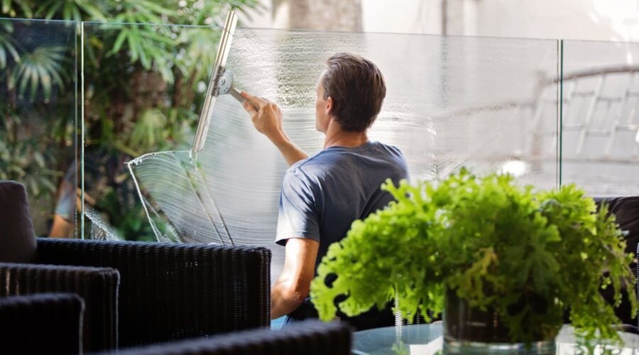 Professional cleaning a large glass window from outside