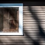 House window covered by an insect screen in afternoon sun